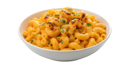 A bowl of macaroni and cheese with parsley garnish
