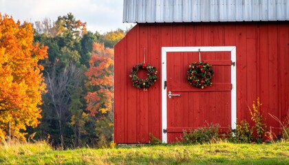 Rustic Red Barn Decorated with Wreaths Amidst Vibrant Autumn Foliage.