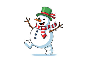 Happy Snowman Dancing in Green Hat and Red Striped Scarf