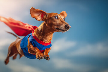 Adorable dachshund puppy soaring through the sky in a superhero costume, ready for a fun adventure or imaginative story, bringing joy and laughter