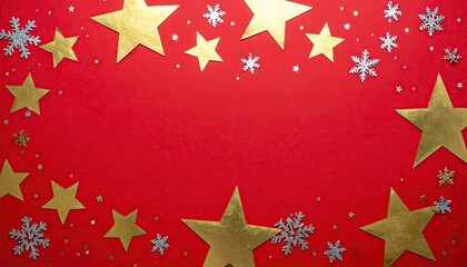 Festive Red Background with Golden Stars and Silver Snowflakes Border.