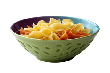 Colorful pasta in a decorative green bowl with purple and blue interior on black food uncooked, Isolated On White Background, Png Transparent
