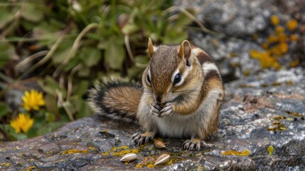 Small Squirrel Sitting on Rock Eating Seeds in Natural Outdoor Environment