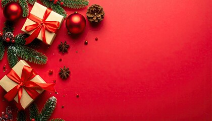 Festive Christmas gifts and ornaments arranged on a vibrant red background for holiday celebration.