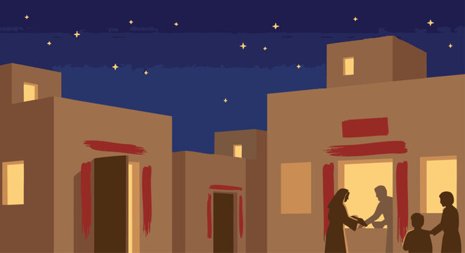 Passover Night
Bible story
Israelite homes marked with symbolic flat-vector blood on the doorposts,