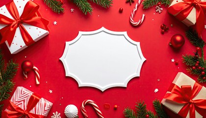 Festive Christmas flat lay with gift boxes pine branches and candy canes on red background.