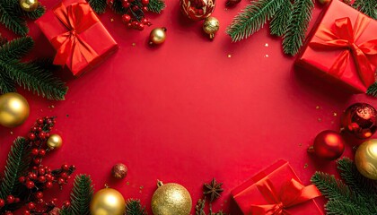 Festive Christmas Border Arrangement with Red Gifts and Ornaments.