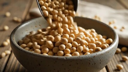 Soybeans cascading into a rustic bowl on a wooden table showcasing natural food and healthy eating ideal for culinary and agricultural themes emphasizing organic produce and nutritional value perfect.