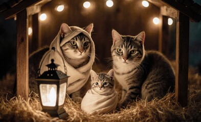 Humorous Feline Holy Family: Tabby Cats as Mary, Joseph, and Baby Jesus in a Manger
