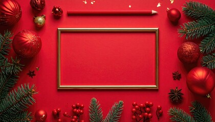 Festive Christmas flat lay composition with red ornaments pine branches and golden frame.