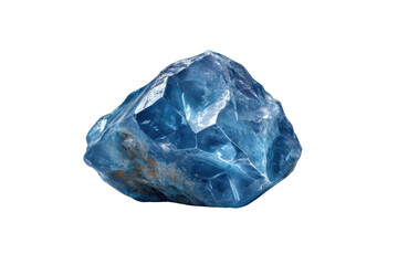 Raw blue crystal with internal fractures and earthy inclusions on black mineral stone