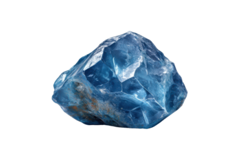 Raw blue crystal with internal fractures and earthy inclusions on black mineral stone