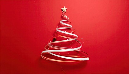 Minimalist Christmas tree decoration with white ribbon and star on red background.