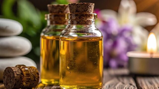 Natural essential oil bottles with corks spa stones and candle for wellness