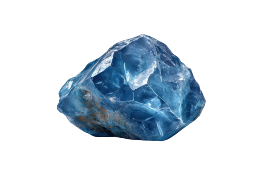 Raw blue crystal with internal fractures and earthy inclusions on black mineral stone