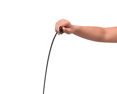 Close-up of a hand holding a black electric power cord plug isolated on transparent PNG.	
