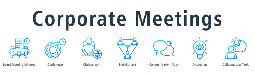 Corporate meetings web banner icon vector illustration concept with icon of board meeting minutes, chairperson, stakeholders, communication flow, discussion, conference, and collaboration tools.