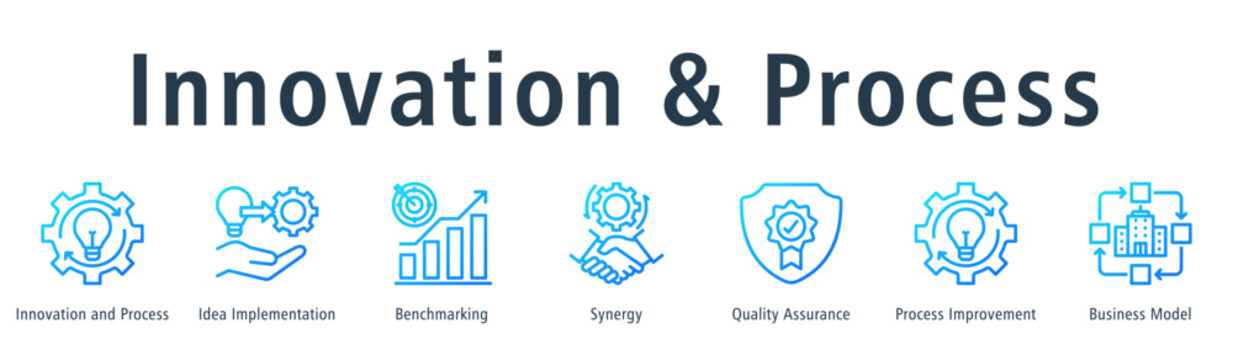 Innovation and process web banner icon vector illustration concept with icon of innovation and process, idea implementation, benchmarking, synergy, quality assurance, and process improvement.
