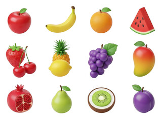 Collection of twelve diverse, isolated 3d fruits including apple, banana, orange, watermelon, strawberry isolated on transparent background