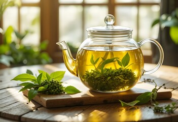 Fresh herbal tea brewing in a transparent glass teapot on a rustic wooden table with soft natural light. bancha