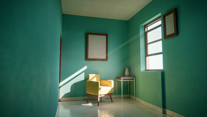 Sunny interior 3D render with yellow armchair and teal walls. Minimalist room with window shadows, empty frame, and side table. Colorful home design concept with strong natural lighting.