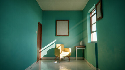 Sunny interior 3D render with yellow armchair and teal walls. Minimalist room with window shadows, empty frame, and side table. Colorful home design concept with strong natural lighting.