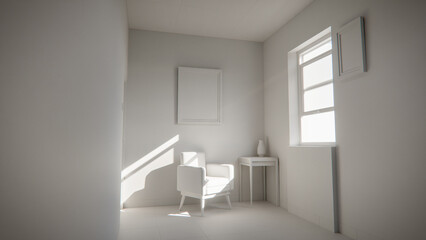 Sunny interior 3D render with yellow armchair and teal walls. Minimalist room with window shadows, empty frame, and side table. Colorful home design concept with strong natural lighting.