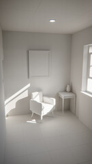 Sunny interior 3D render with yellow armchair and teal walls. Minimalist room with window shadows, empty frame, and side table. Colorful home design concept with strong natural lighting.