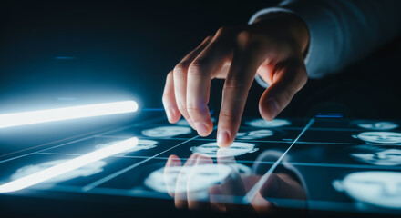 A person's hand interacts with an interactive touch screen, highlighted in blue light.