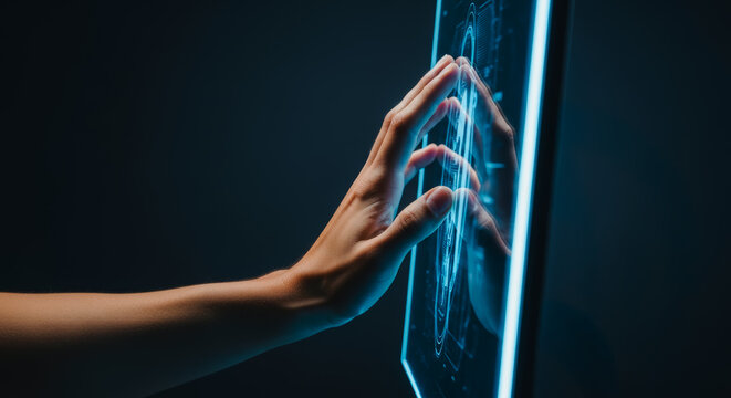 A human hand interacts with a futuristic digital interface, in a vivid image of innovation and technological interaction.