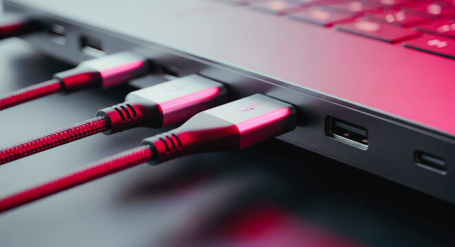 An up-close perspective of a laptop's charging ports, with vibrant red cables connected. The image highlights the sleek design and modern technology, focusing on connectivity.