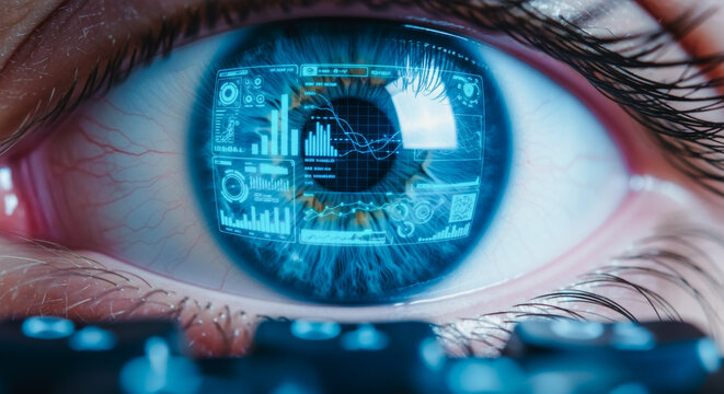A captivating macro shot of an eye with a data-filled iris, hinting at the futuristic blend of human vision and technology, an intriguing insight into digital future.