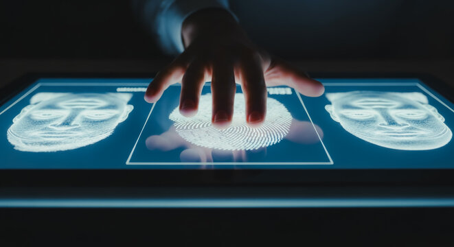 A futuristic hand interacts with a cutting-edge interface displaying biometric data, evoking innovation and technological advancements. - Powered by Adobe