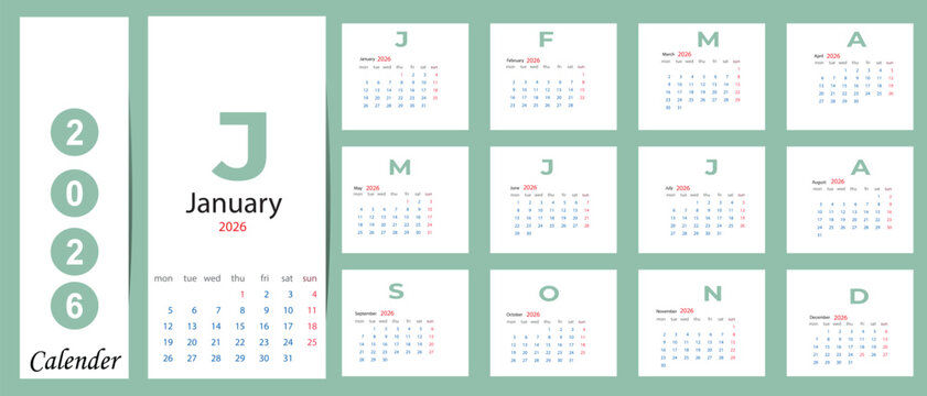 Minimalist 2026 calendar template with january month highlighted