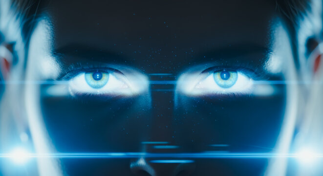 A determined person gazes intensely at the viewer with bright, focused eyes, hinting at a strong will and unwavering determination.