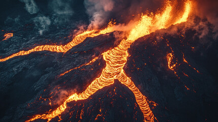 A dramatic volcanic eruption pours glowing lava down rugged slopes under a dark sky, capturing intense heat, motion, and raw natural power in a cinematic widescreen scene.
