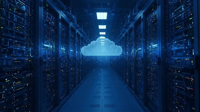Data Center Cloud Server Room Blue Lights Flying Particles Futuristic Technology