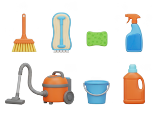 Collection of cartoon cleaning supplies: broom, mop, sponge, spray bottle, vacuum cleaner, bucket isolated on transparent background