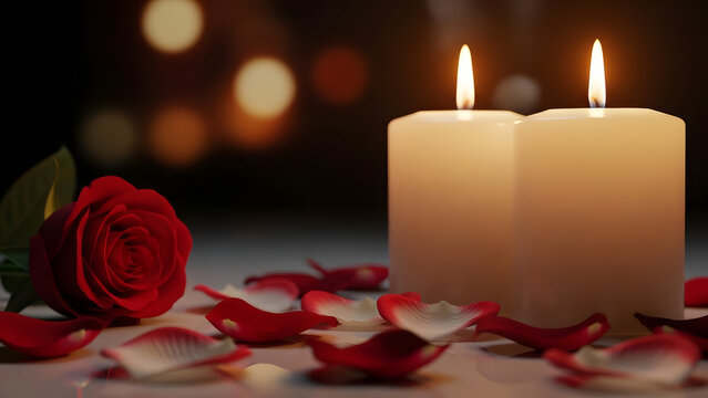 Romantic scene with two lit candles and a red rose with petals