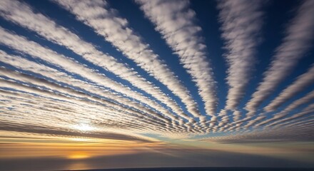Breathtaking sunset over the horizon with a dramatic sky filled with unique, parallel cloud formations, a stunning natural spectacle
