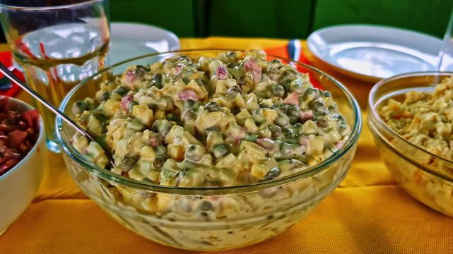 Traditional slavic rosol vegetable salad in glass bowl served on yellow tablecloth outdoors