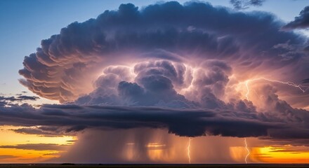Powerful supercell thunderstorm cloud with dramatic lightning strikes and heavy rain at sunset, showcasing the raw force and beauty of nature