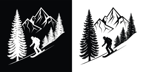 Black and white illustration of a snowboarder descending a snowy mountain slope with pine trees