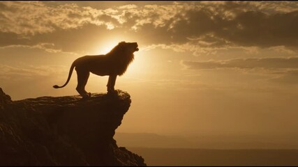 Lion silhouette stands proudly on a rocky outcrop against a breathtaking sunset with warm tones, suitable for various design uses.