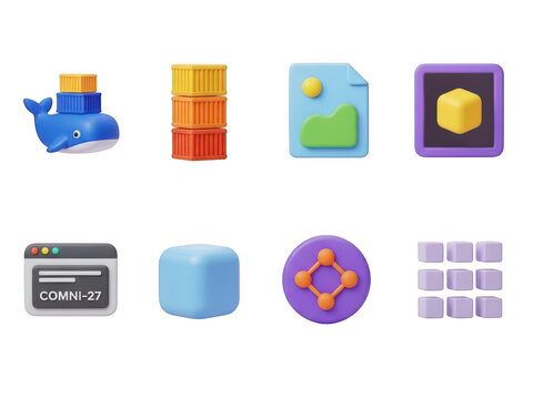 Collection of 3d technology and app icons, modern abstract design isolated on transparent background