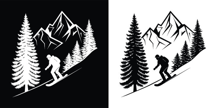 Black and white illustration of a snowboarder descending a snowy mountain slope with pine trees