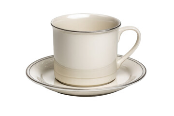 Cream ceramic coffee cup and saucer with silver rim detail white, Isolated On White Background, Png Transparent