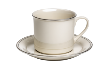 Cream ceramic coffee cup and saucer with silver rim detail white, Isolated On White Background, Png Transparent