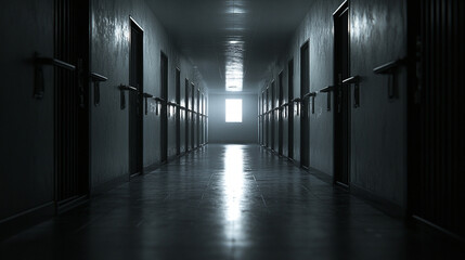 A dark prison corridor with metal doors and heavy locks, captured in dramatic motion. Light from a distant window glows at the tunnel’s end, symbolizing confinement, tension, and a faint hope of escap