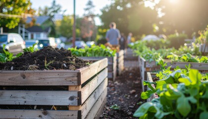 Community garden beds with fresh produce and a blurred person walking in the background during golden hour